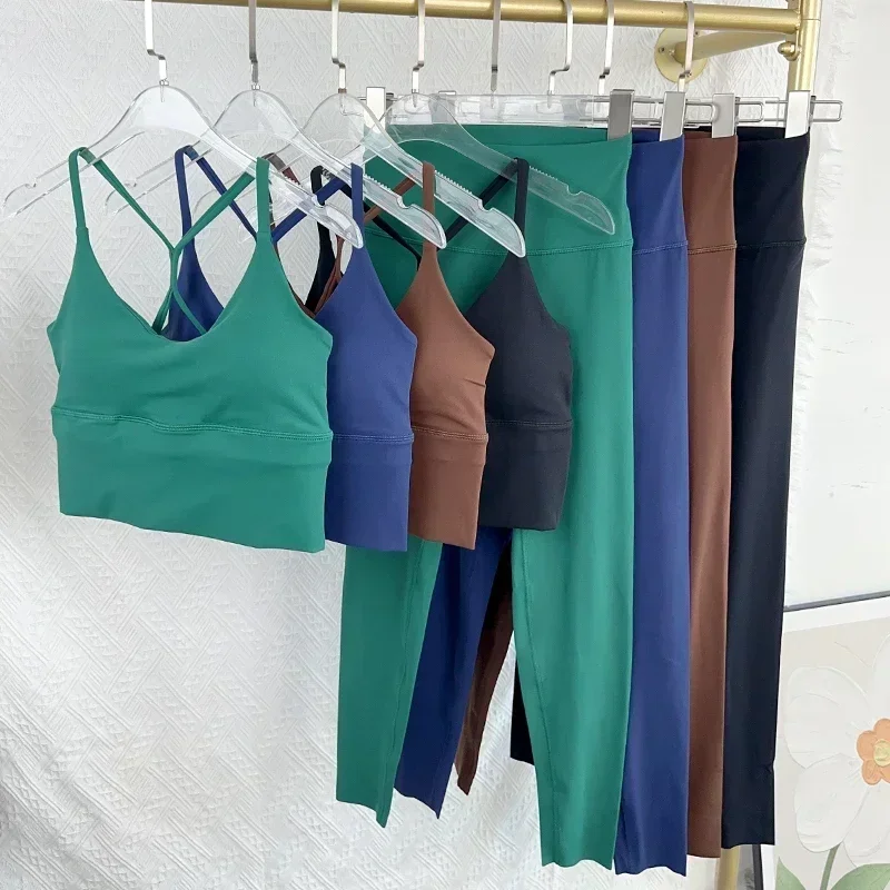 2 Piece Yoga Set Sportswear Fitness Suits Sexy Cross back Yoga Tops Elasticity High Waist Leggings Running Sports Clothing image 3