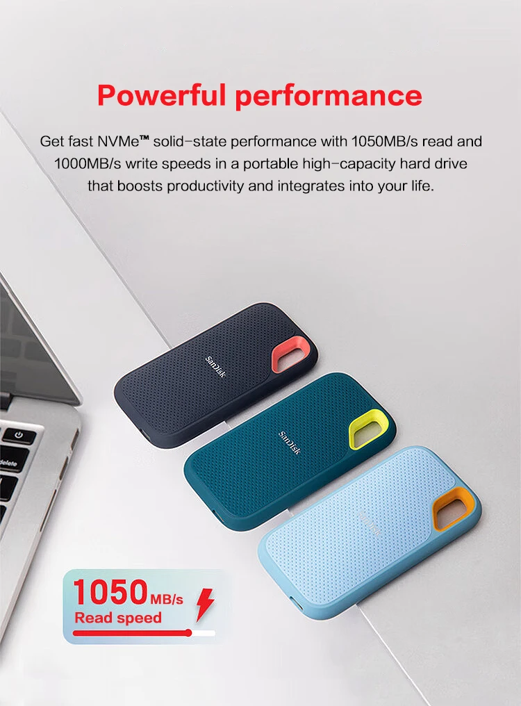 SanDisk Extreme Portable SSD E61 USB 3.2 Gen2 Solid-State-Laufwerk Bis zu 1050MB/s 500GB 1TB 2TB 4TB Externe SSD IP65 Für PC Mac – Detail 2