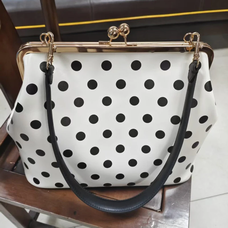 Schwarz-weiß gepunktete Damenhandtasche mit Verschlussrahmen, große Umhängetasche, Vintage-PU-Tragetasche für den Alltag – Detail 3