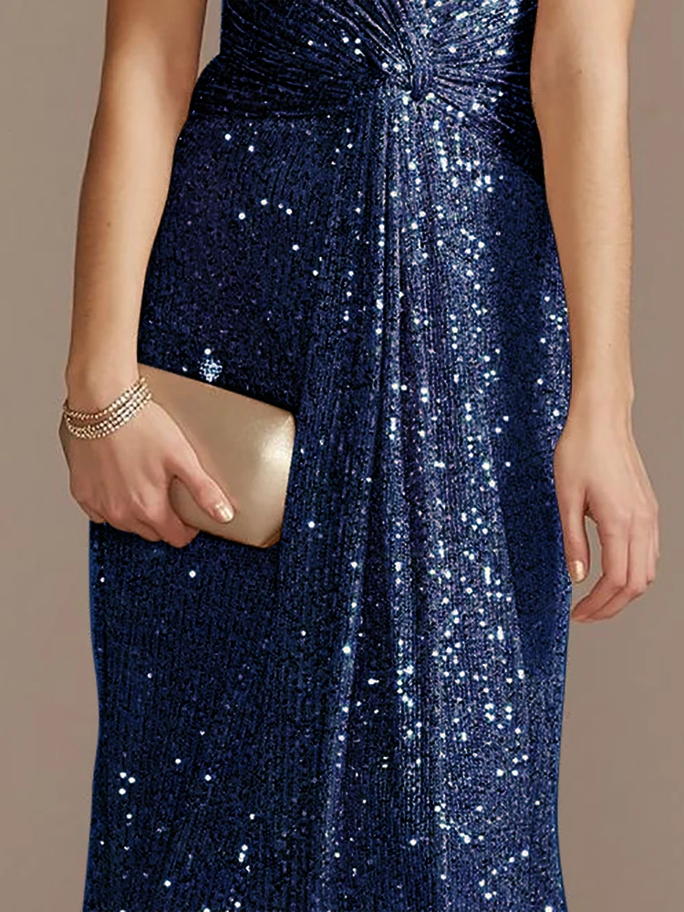 럭셔리 블루 플로어 기장 V넥 이브닝 드레스 여성 우아한 웨딩 파티 맥시 스팽글 반팔 프롬 칵테일 가운