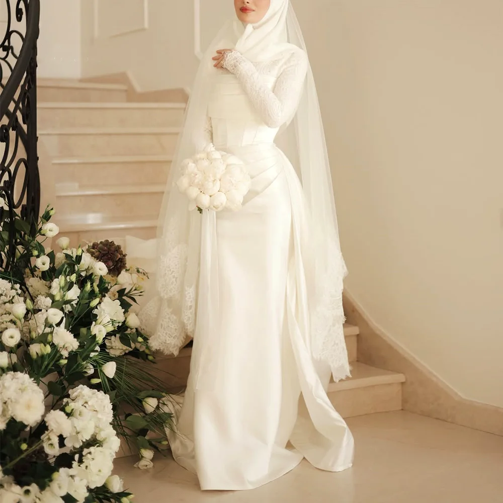 Modest Muslim Bridal Evening Dress For Women Lace Sleeves Structured Corset Smooth Satin Floor Length Gown فستان عرس إسلامي فاخر