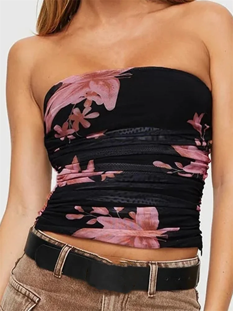 Chronstyle Bloemenprint Tube Tops Vrouwen Off Shoulder Strapless Mouwloze Zomer Esthetische Tank Ruches Vesten Kleding Streetwear