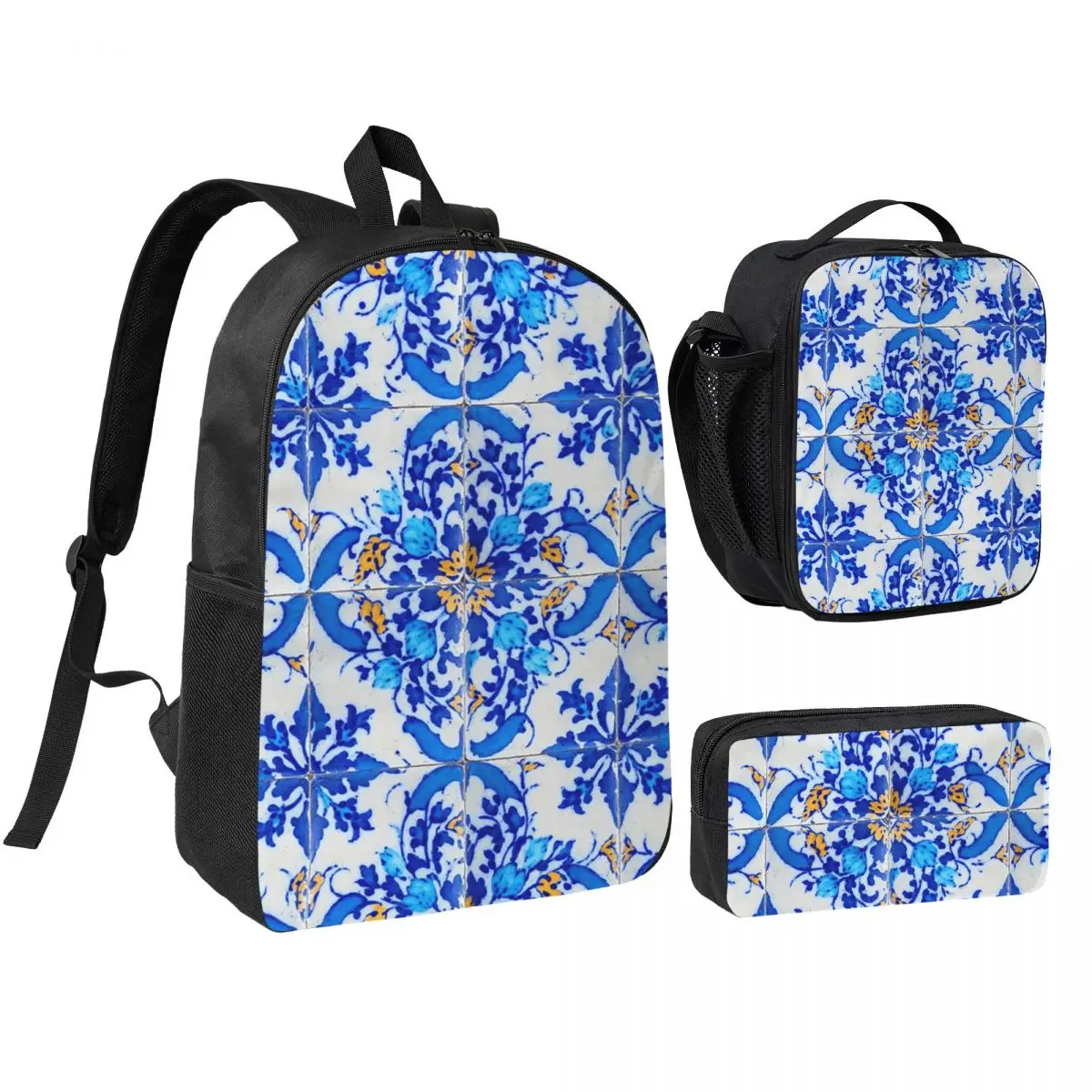Portuguese Tile Decor Azulejo Lisboa Backpack Student BookBag School Bag Shoulder Bags 3ps Insulated Lunch Bag Pencil Case