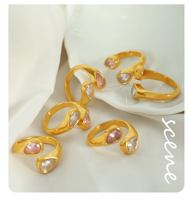 5pc 316L Stainless Steel Pink White Diamond Gold Finger Band Ring Pink Sapphire Teardrop Gems Handmade Ins Waterproof Jewellery