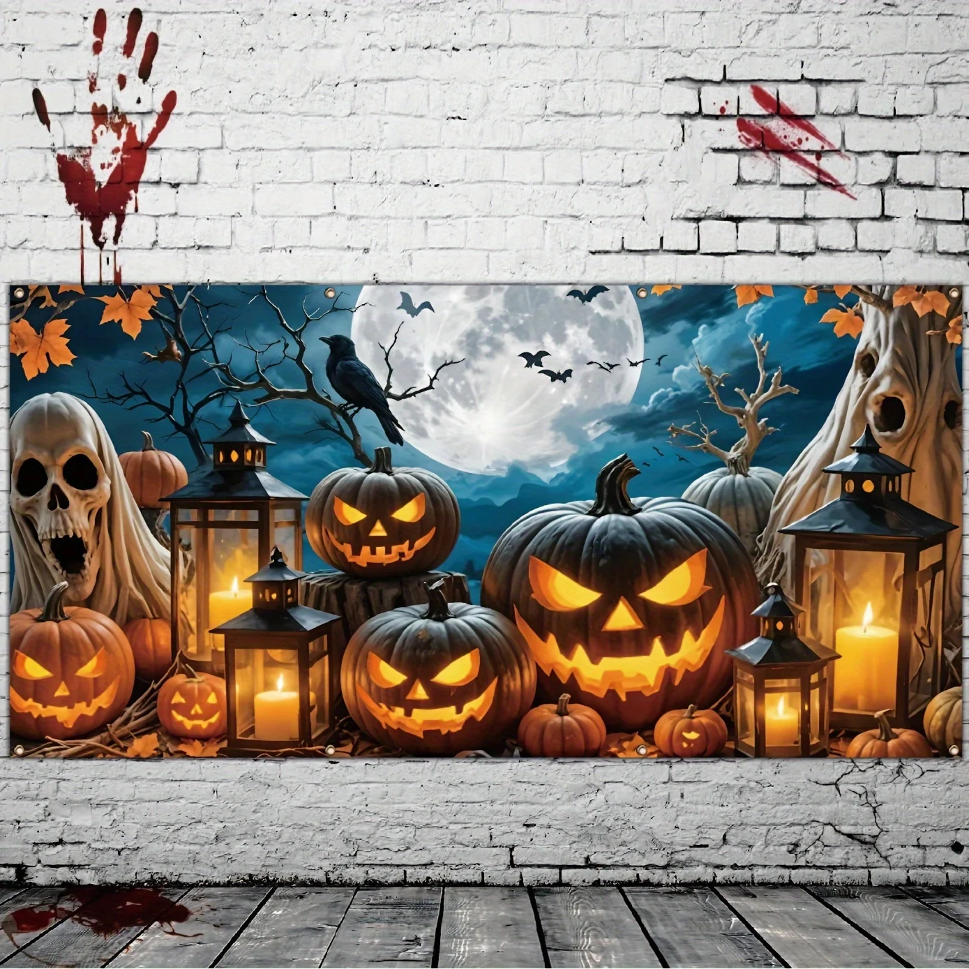 Ein seltsames Halloween-Garagen-Polyester-Banner – ein Totenkopf mit einer Kürbislaterne, perfekt zum Erstellen einer festlichen Atmosphäre