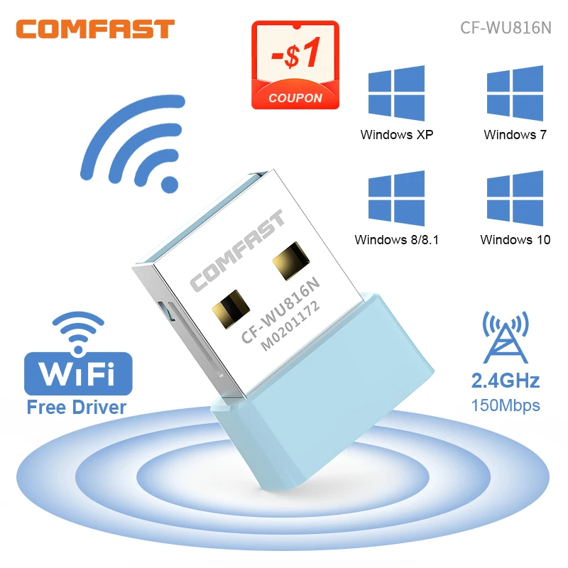 Comfast 150Mbps USB WiFi Adapter 2.4GHz Internet Card Drive free LAN Wi-Fi Receiver Key Dongle antenna Para PC Win 7 8 10 11