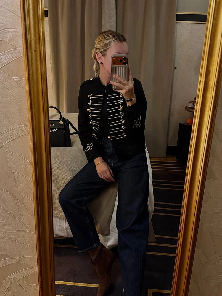 Black Short Baroque Jacket Women Elegant Stand Collar Pearl Buttons Military Jackets 2026 Spring Fashion Lady Daily Street Coat 6 Black Short Baroque Jacket Women Elegant Stand Collar Pearl Buttons Military Jackets 2026 Spring Fashion Lady Daily Street Coat 6