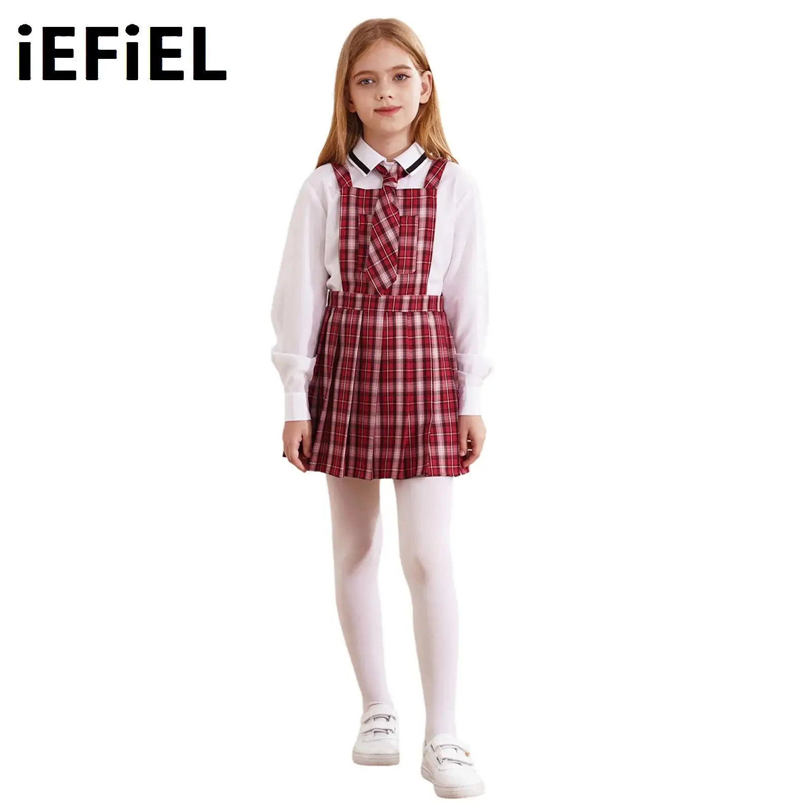 

Kids Girls School Uniform Sets Sleeveless Wide Straps Plaid Pleated Overall Dress with Tie Long Sleeve Pullover Shirt