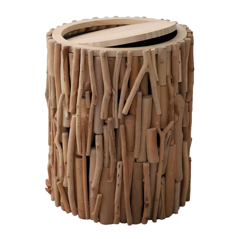 Cubo de basura de madera nórdico creativo con tapa, cesta de papel de desecho para sala de estar, cubo de basura con revestimiento interior, decoración del hogar