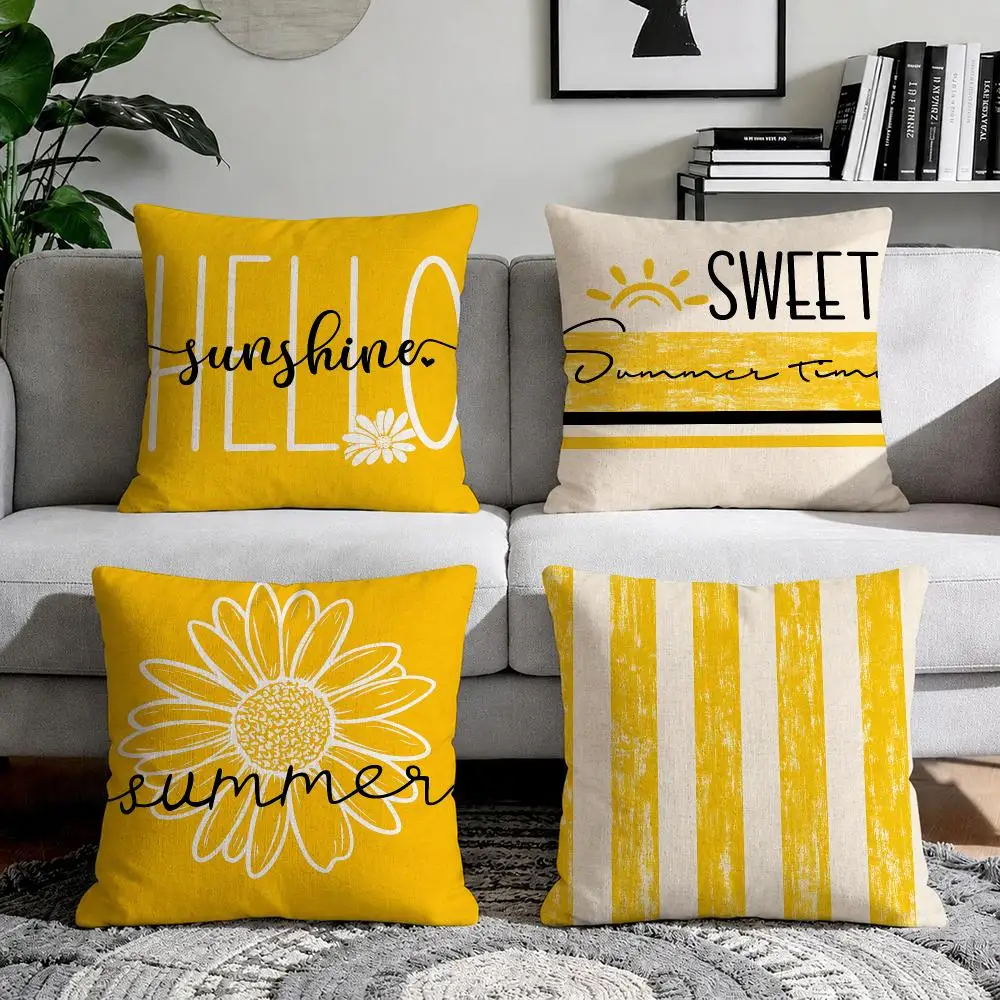 Yellow Hello Summer Cushion Cover Natural Breathable Durable Linen Printed Decor Pillow Case Sofa Bedroom