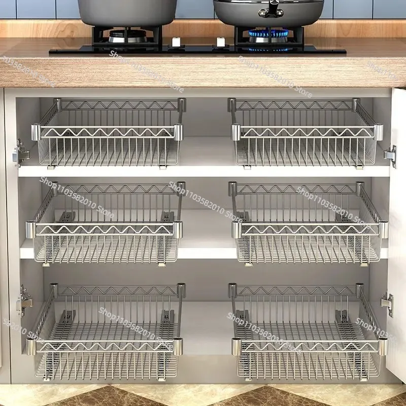 Slide Rail Cabinet Storage Rack, Pull Out Basket, Drawer Type Seasoning & Dish Organizer