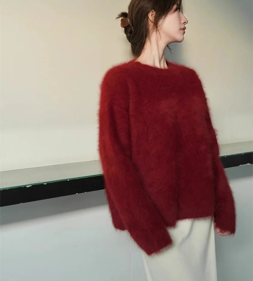 2024 New Year Red Mohair Soft Loose Sweater Fashion Lazy Autumn Winter Long Sleeve O Neck Hairy Knitted Warm Pullovers For Women