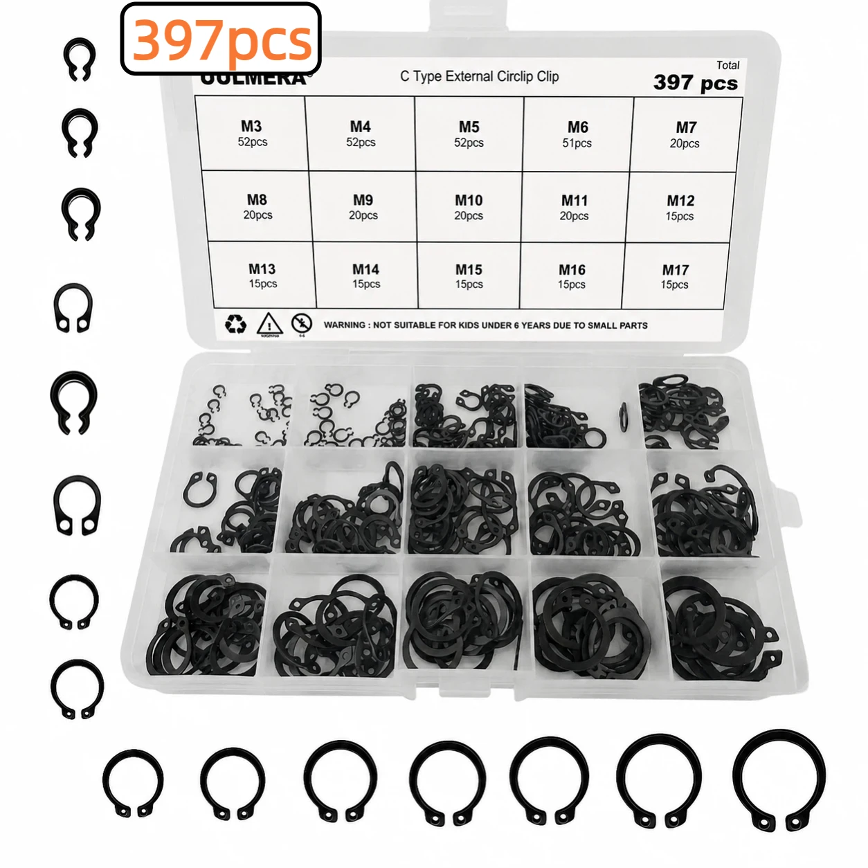 314/397/447Pcs M3-M25 Black Alloy Steel C Clip External Circlip Set Snap Ring Retaining Ring for Shaft Bearing Hardware