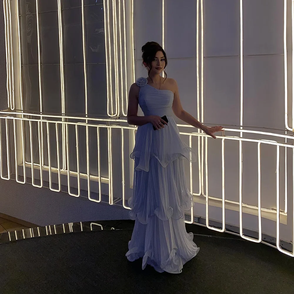 

One Shoulder Tulle Tiered A-line Beaded Floral Saudi Prom Dress A-line Long Arab Ladies Evening Party Gown vestidos de festa