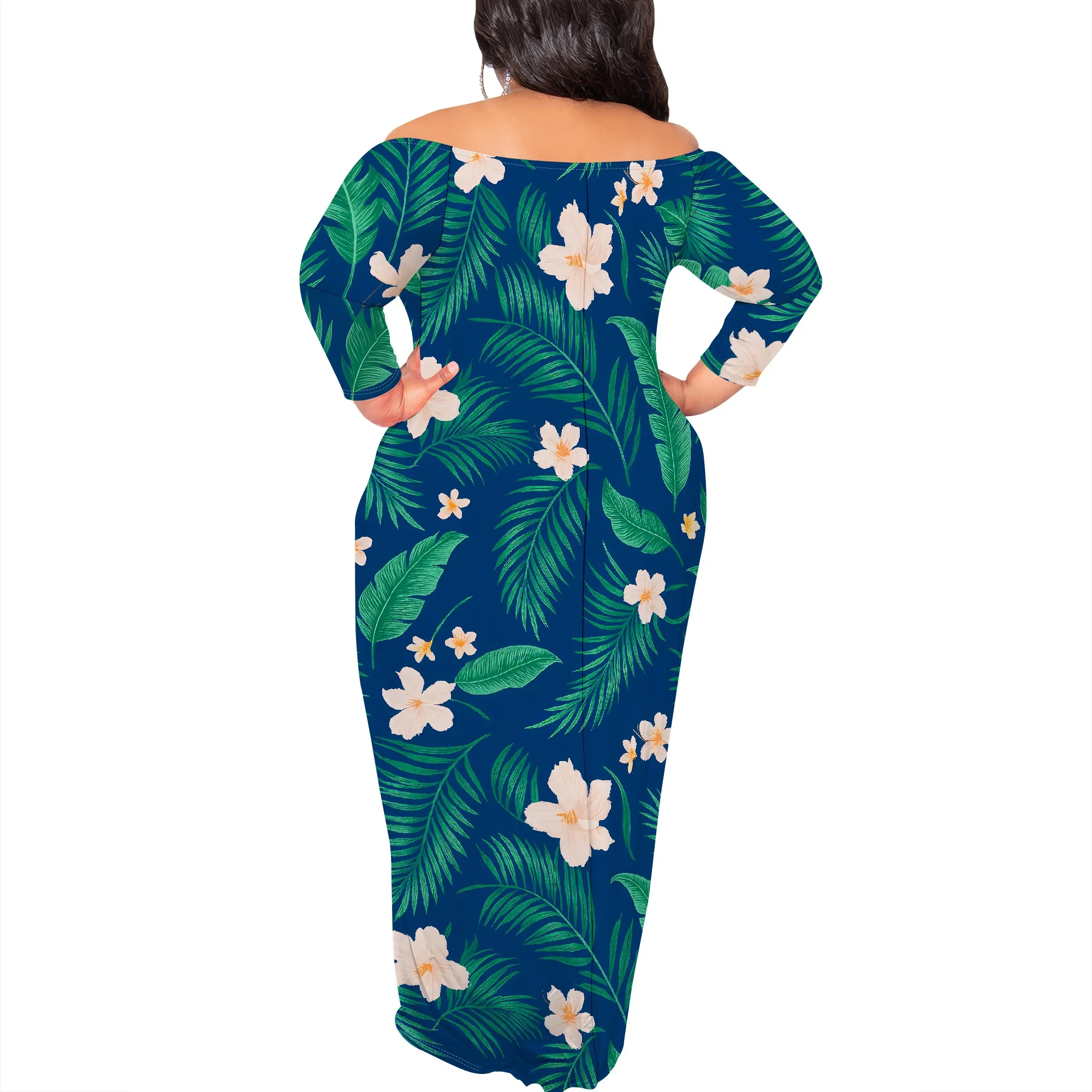 ผู้หญิงปิดไหล่ชุดเซ็กซี่ฮาวายดอกไม้พิมพ์ยาวปาร์ตี้ความยาว Maxi Dress ฤดูร้อนชุดลําลองชายหาด