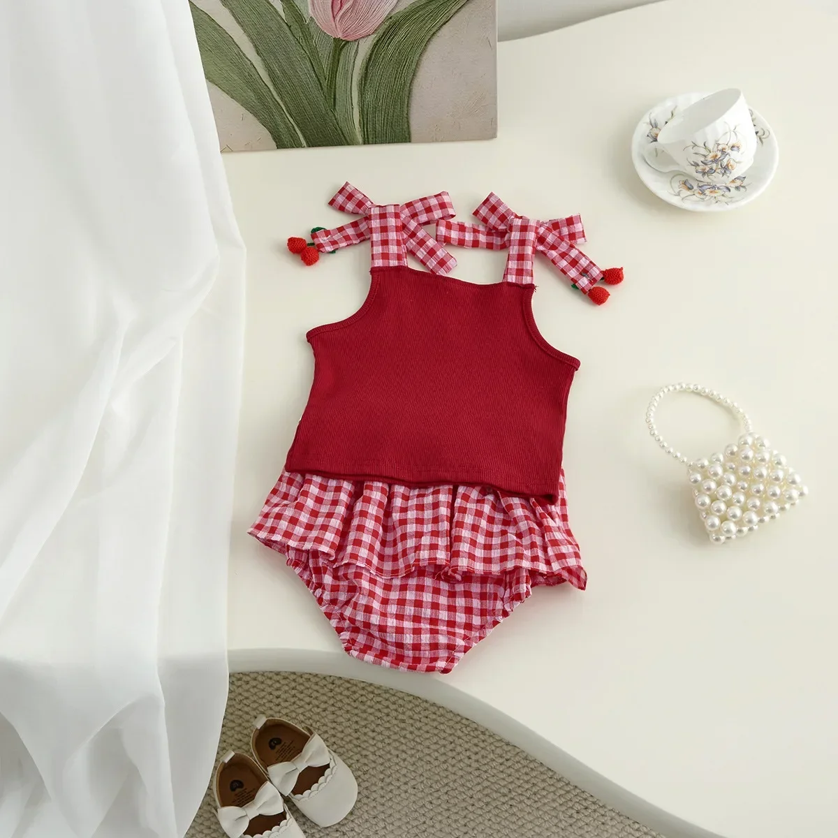 Summer Baby Girls Thin Class - A Cotton Sweet Strap Romper Set-Cherry Embroidery Tank Top & Striped  Triangle Shorts 2-Piece Set