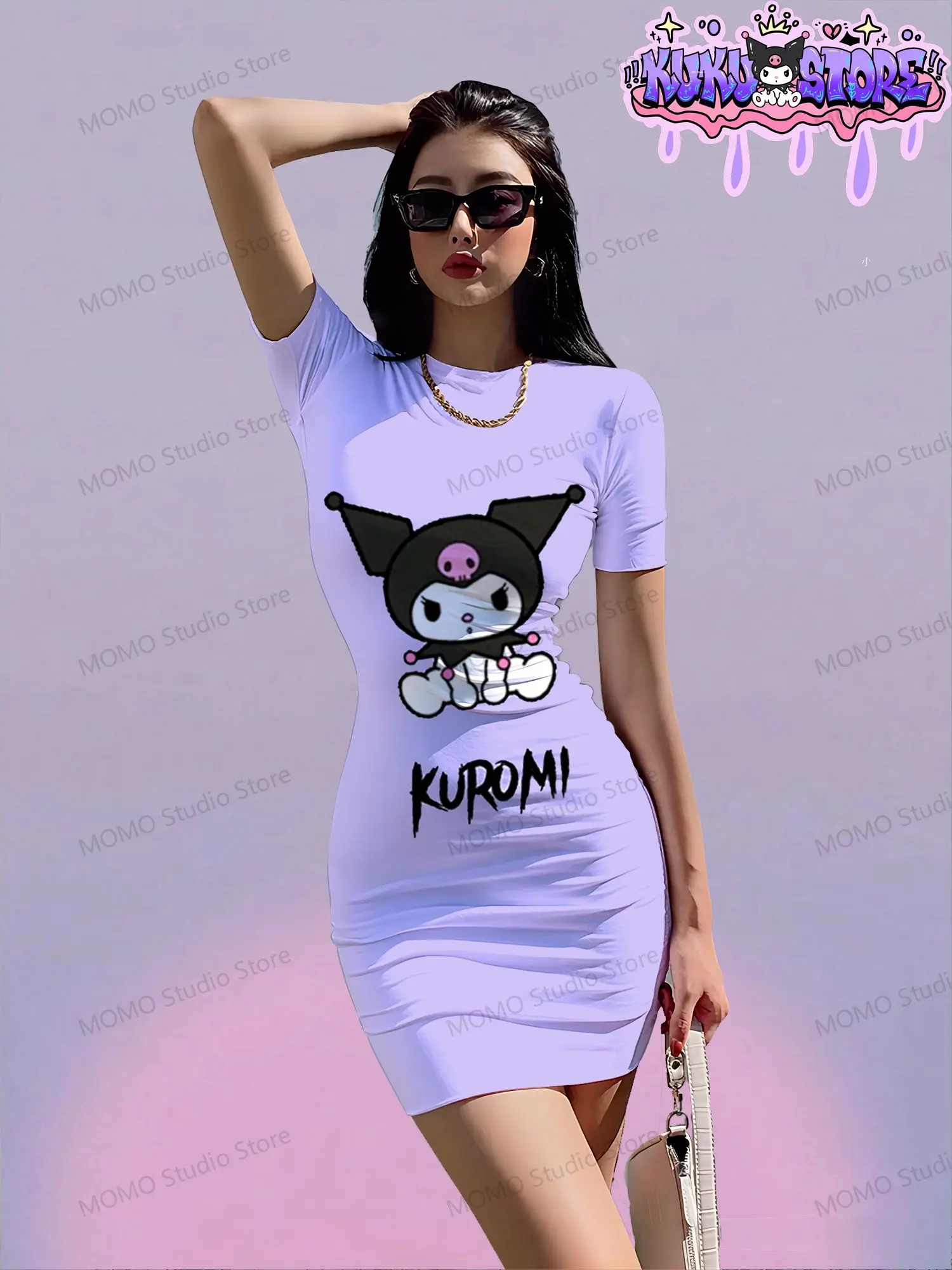 Kawaii Women\'s Short Sleeve Hip Dress Kuromi Summer Young Girls Dresses 2024 O Neck Y2k Sanrio S-3XL Fashion New Elegant Sexy