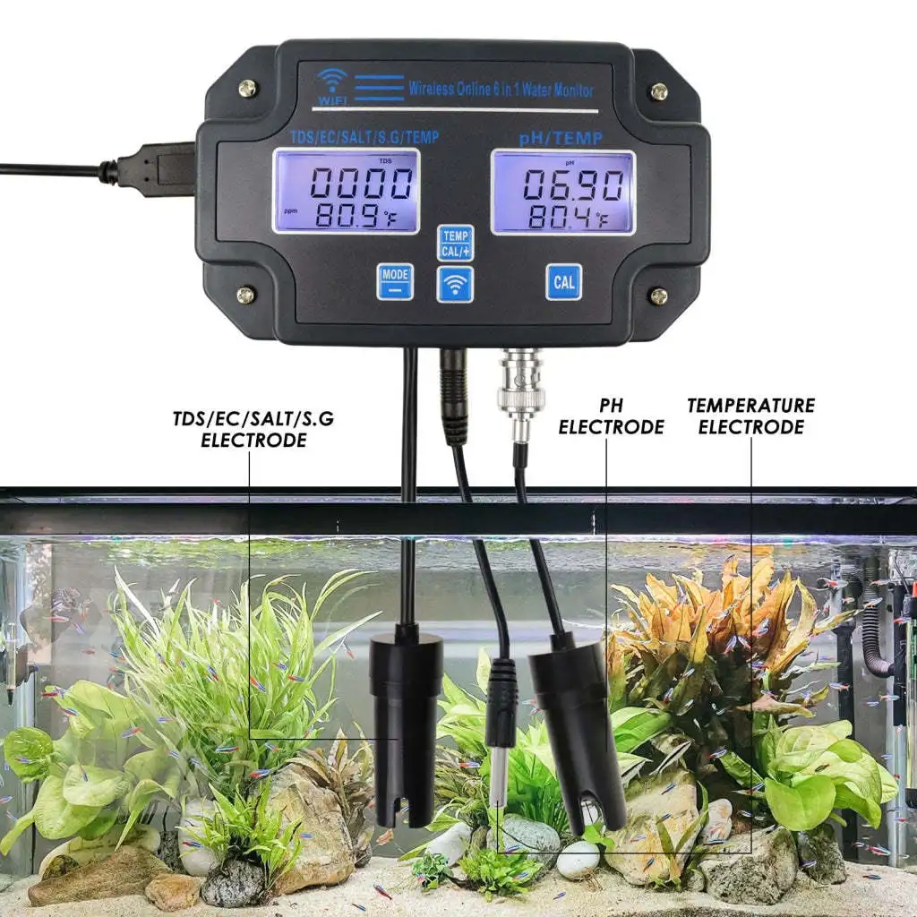 WiFi‑enabled 6‑in‑1 Multi‑functional Water Quality Meter, Digital Tester for PH TDS Temp EC Salinity Real‑time Online Detection