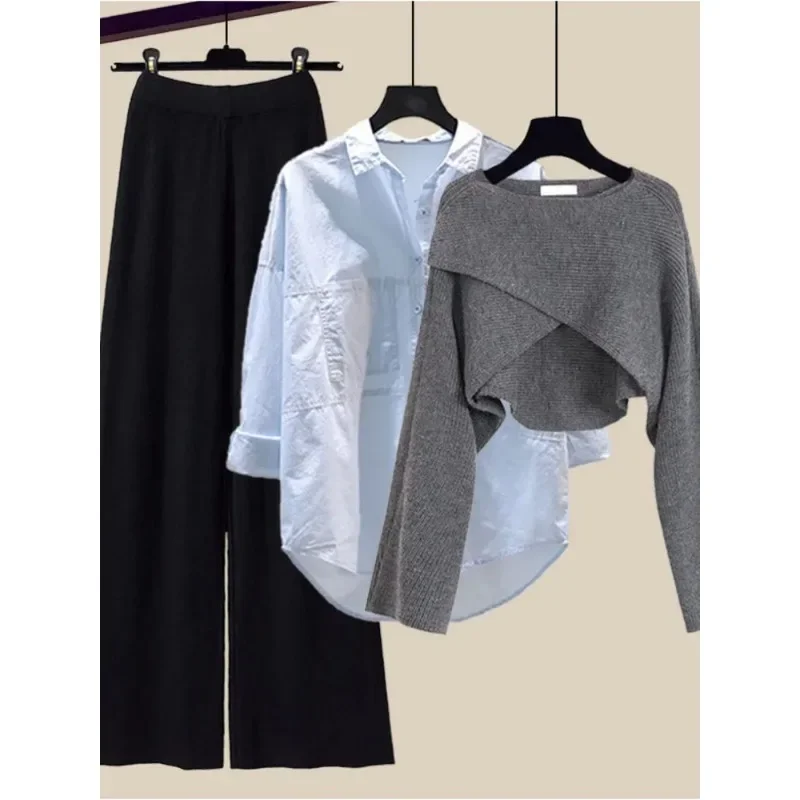 Winter 3 Piece Sets Womens Outfit Office Ladies Elegant Irregular Knitted Sweater +Shirt +Wide Leg Pants Set Women Clothing N434