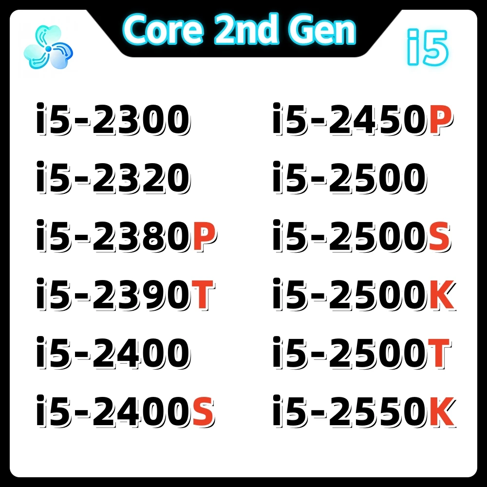 2nd Gen Core i5 2300 2320 2380P 2390T 2400 2400S 2450P 2500 2500S 2500K 2500T 2550K CPU Processor Sandy Bridge  LGA1155