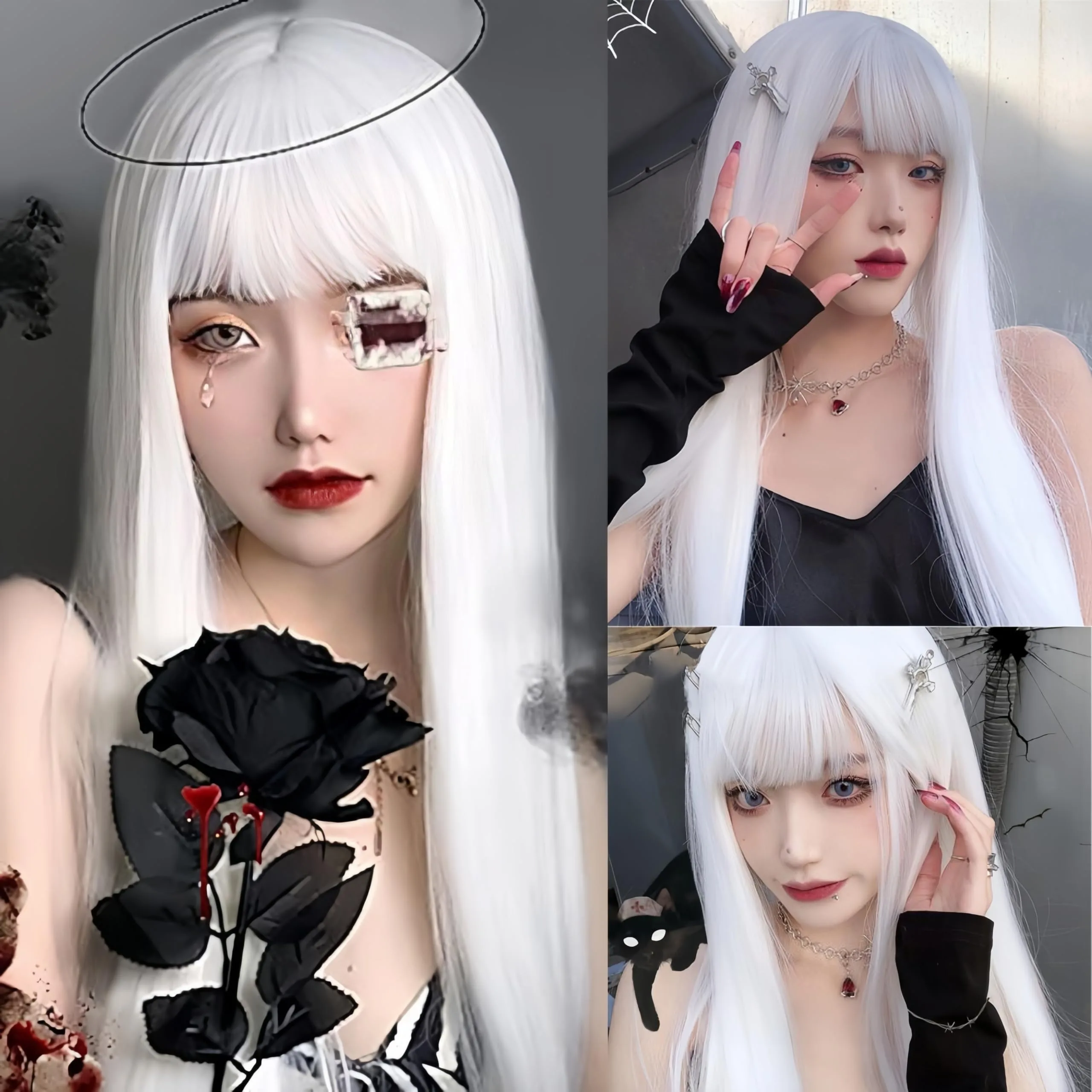 White straight hair synthetic wig - Halloween party cosplay role-playing wig - Daily wig - High-temperature silk wig set
