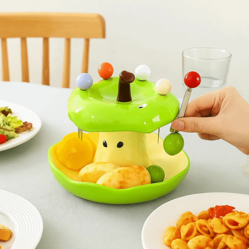 

Creative Colorful Fruit Fork Plate Set Ceramic Holder Decorative Dessert Fork with Holder Household Comfortable Grip