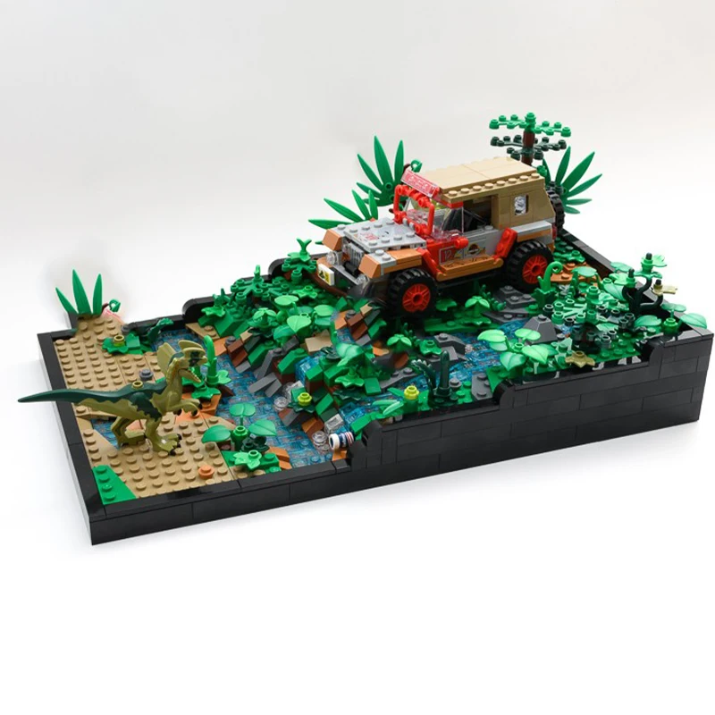 825pcs MOC Dilophosaurus Ambush Diorama Expansion Jurassic Model Building Blocks Architecture DIY Birthday Christmas Gift Toys