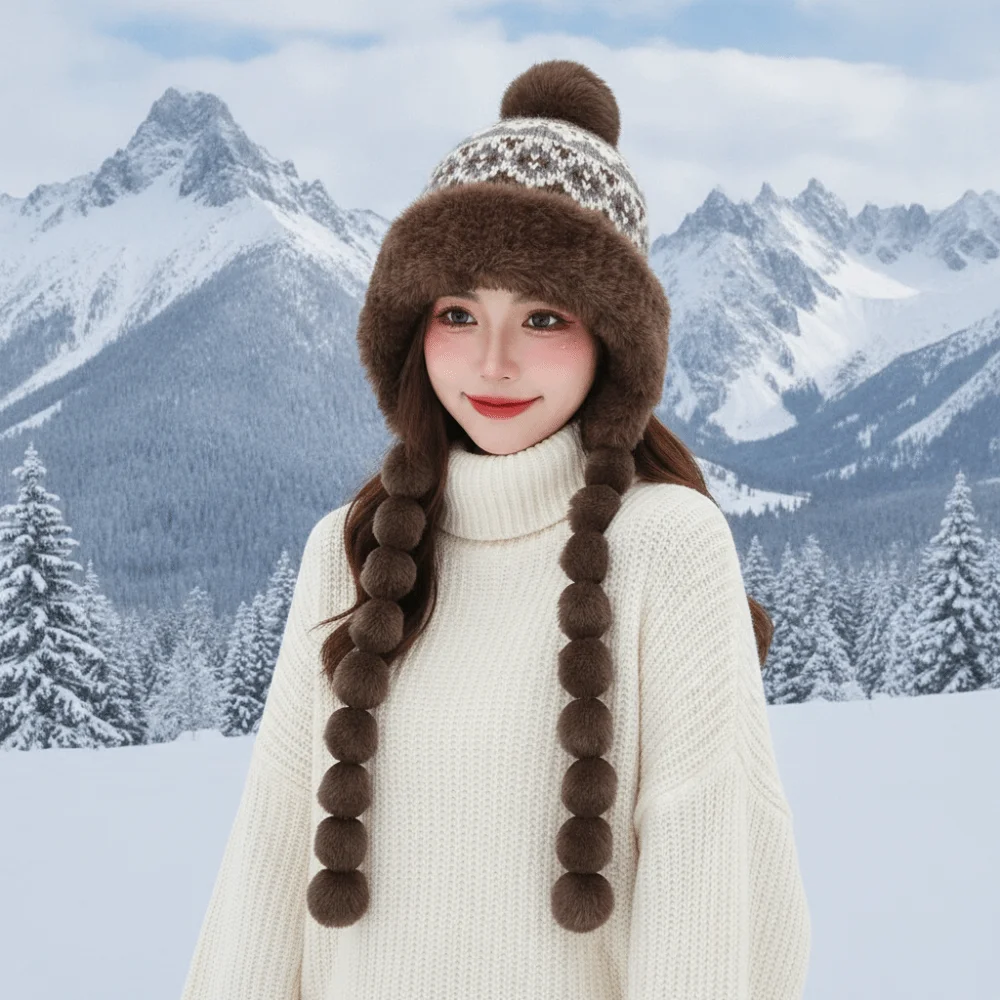 Fleece Lined Pompom Braids Hat Fur Brim Soft Yarn Fur Trim Trapper Thermal Windproof Earflap Winter Cap Commute