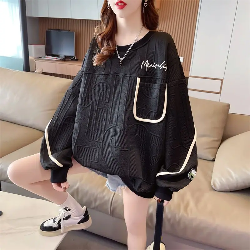 

Sweatshirt Woman Autumn 2023 New Doll Sleeve Pocket Hook Contrast Color Air Cotton Sweater Korean Fashion Women's Tops 4XL