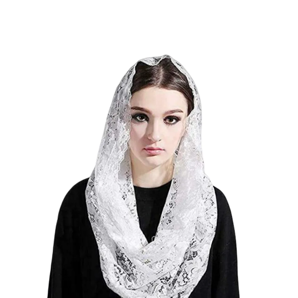 カトリック レースベール ホワイト ヴィンテージ 花柄レース 軽量 伸縮性 快適 ウェディング ヘッドカバー スカーフ 女性用 ミサベール