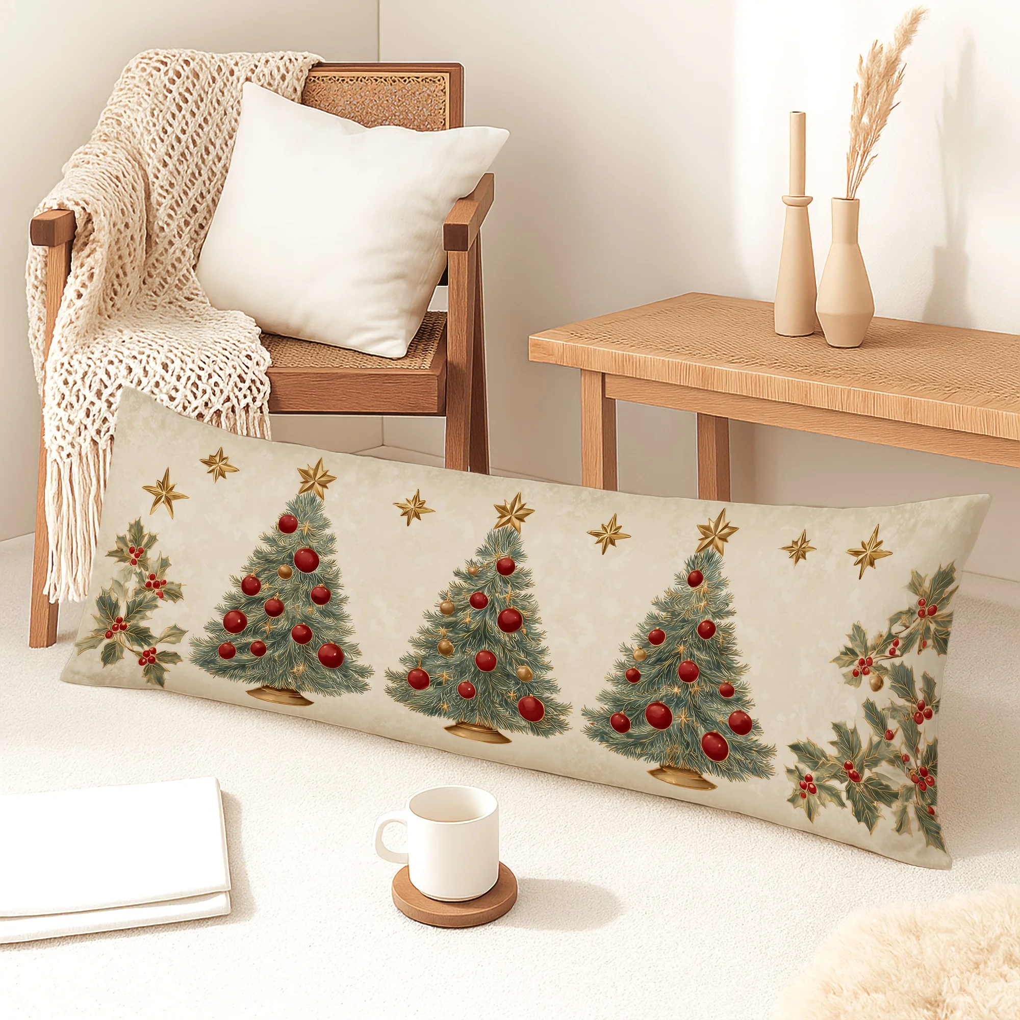1pc Body Pillowcase, Christmas Decoration, Vintage Art, Christmas Tree, Ornaments, Holly, Stars, 20x54 Inches, Suitable for Livi