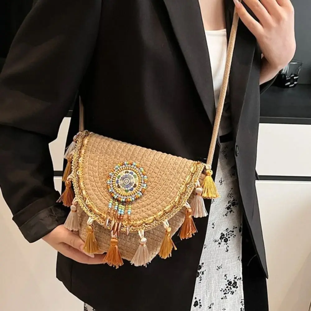 

Vintage Ethnic Style Crossbody Bags Leisure Large Capacity Fringe Shoulder Bag Geometric Woven Bohemian Tassel Bag Shopping