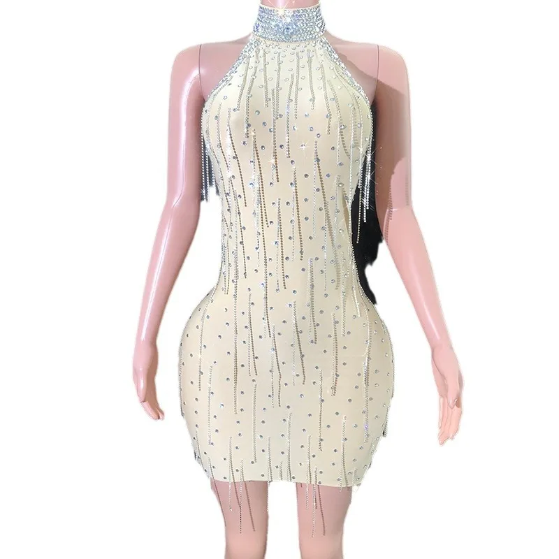 

Sexy Neck Halter Dress Banquet Shiny Diamond Chain Nightclub Plus Size Stage Performance Dresses Платье Черное С Вырезом На Ноге