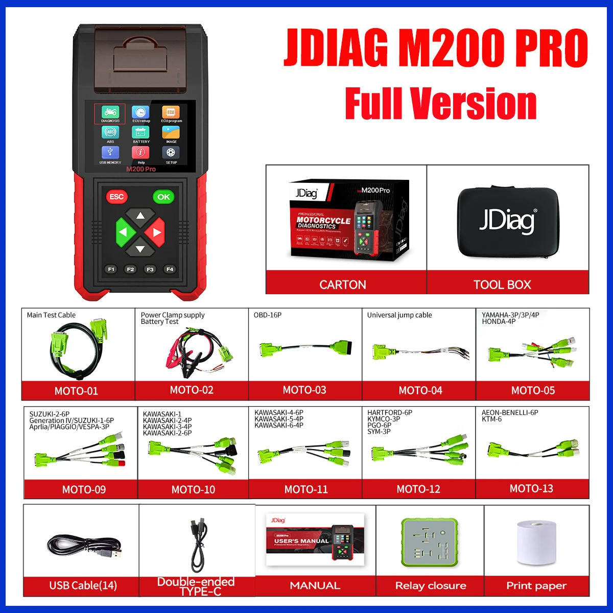 JDiag M200 Pro Diagnostic Scanner with Honda ECU Remap Scanner Battery Tester ABS System Fault Codes Fit Universal Motorcycle