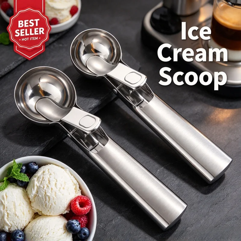 Stainless Steel Dual Purpose Ice Cream Scoop Multifunctional Fruit Scooper Ergonomic Handle Kitchen Dessert Fruit Ball Tool