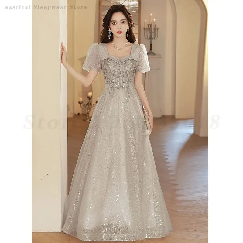 Slim A-Line Dress Square Neck Qipao Female Chinese Styles Bridesmaid Dress Fashion Sequins Cheongsam Evening Party Prom Gown