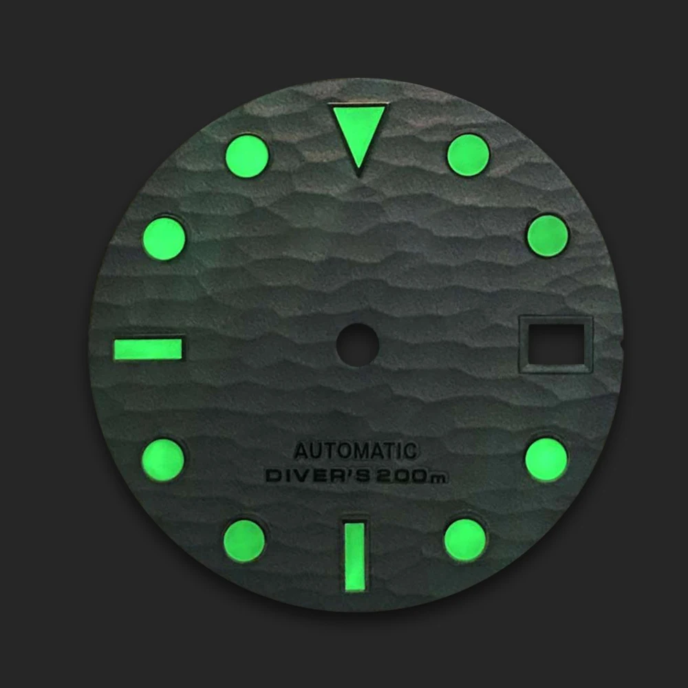 Quadrante da 28,5 mm adatto per orologio luminoso verde con movimento automatico NH35/NH36 con logo S