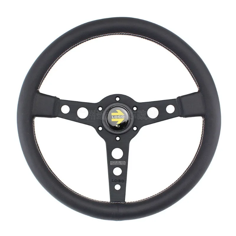 Car Refitted 14 Inch Black White Line Round Hole Racing Flat Leather Universal Steering Wheel