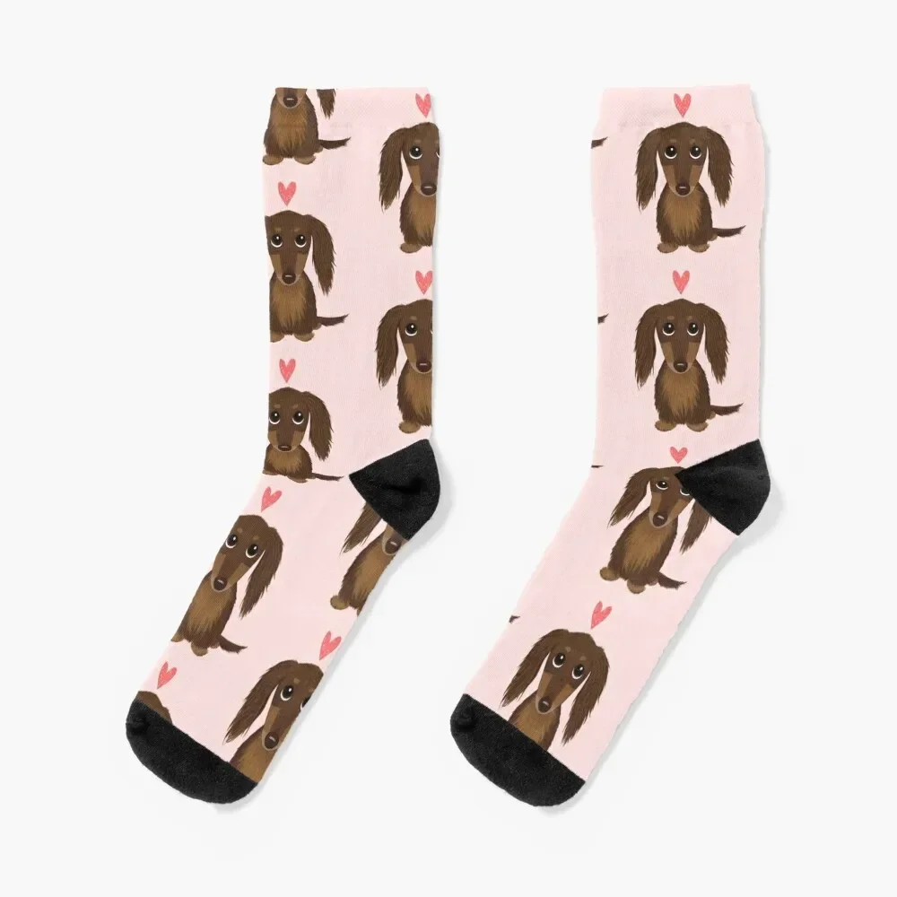 Longhaired Chocolate Dachshund | Cute Wiener Dog with Heart Socks christmas gift man cool Mens Socks Women's