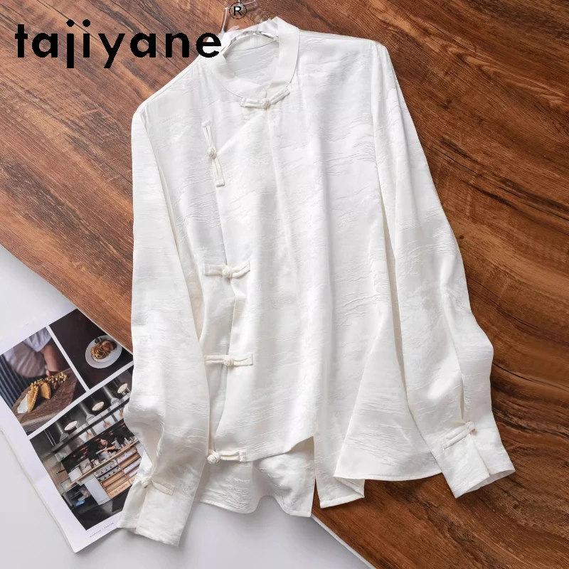 

TAJIYANE 100% mulberry silk White Shirt Women Stand Collar Blouse Jacquard Satin Spring Tops for Woman Clothes 2026 Рубашка