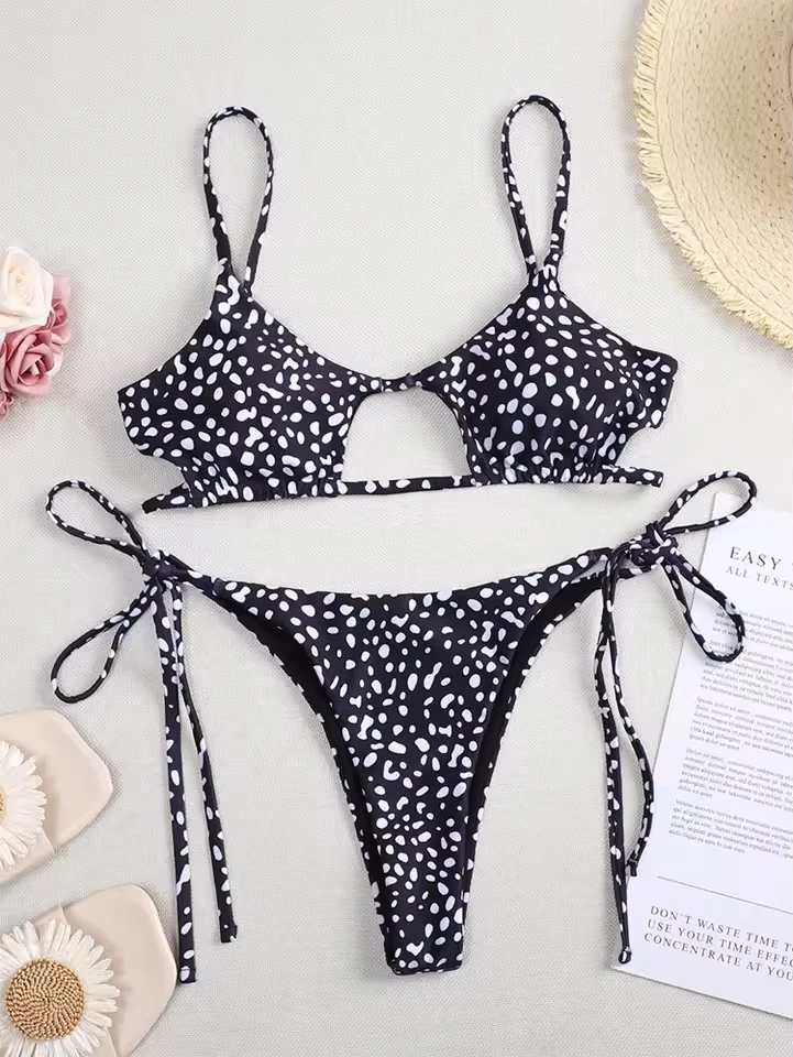 

Dots Print Lace Up Bikinis 2 Piece Set for Women Split Hollow Swimsuit High Waist Beach Bikinis 2025 New Summer Swimwear Set