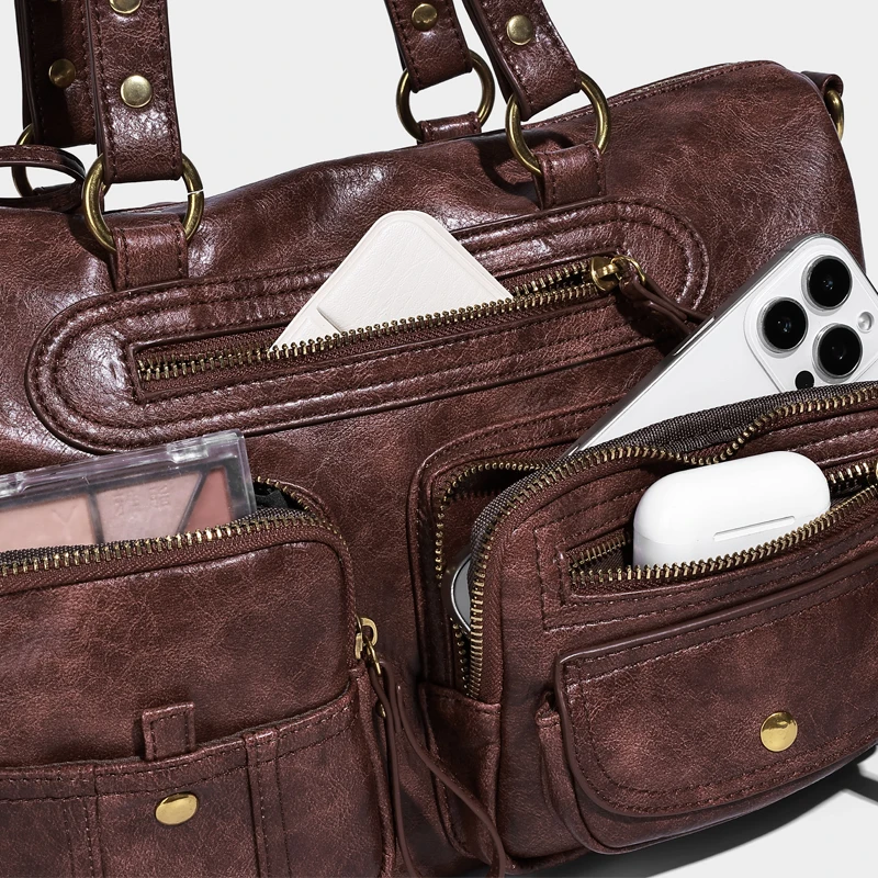 England Style Boston Bag For Women Luxury Designer Handbag Purse 2026 New In PU Vintage Rivet Multiple Pockets Underarm Shoulder