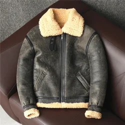 B3 Male Coats Vintage Brown Biker Man Clothing Men's Sheepskin Genuine Leather Jacket Winter Warm Shearling Wool Fur Coat