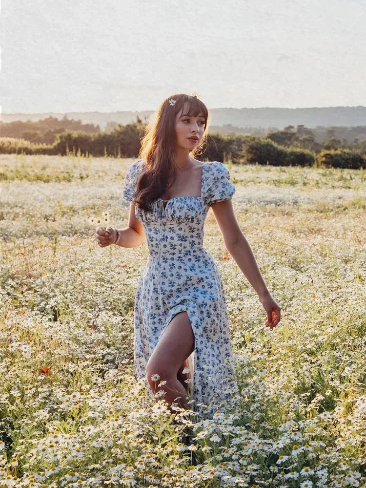 Gypsylady Vintage Floral Printed Summer Dress Blue Ruffles Women Maxi Dresses Split Backless Sexy Party Ladies Dress Vestidos