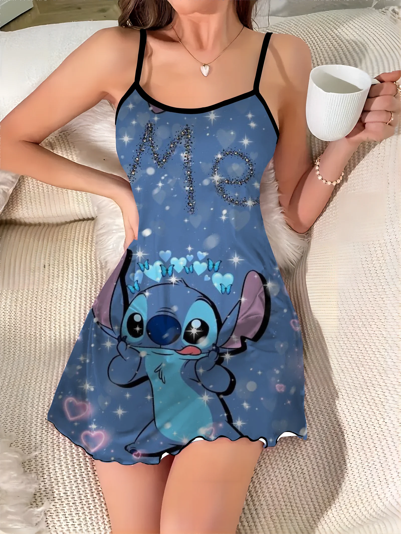 Disney-Vestido corto de satén con falda de pijama para mujer, minivestido Sexy con cuello redondo y ribete de lechuga, elegante, a la moda, 2024