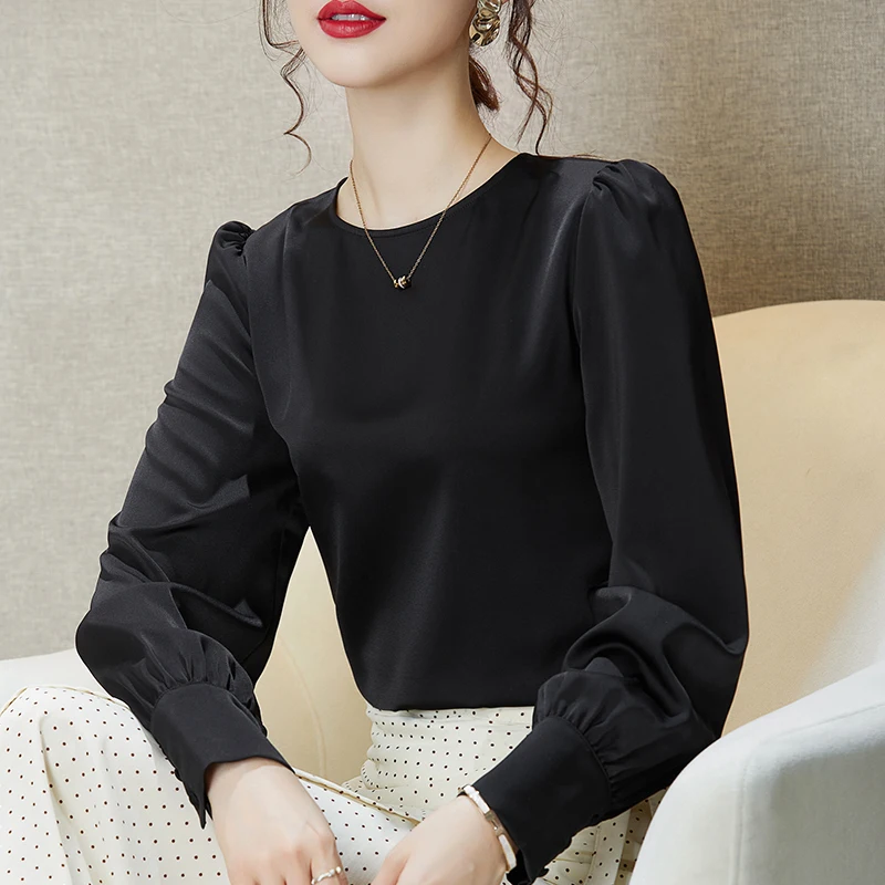 New Spring Women O-neck long sleeve ice silk Shirt White elegant Acetate satin Solid Blouse plus size Women Tops blusas mujer