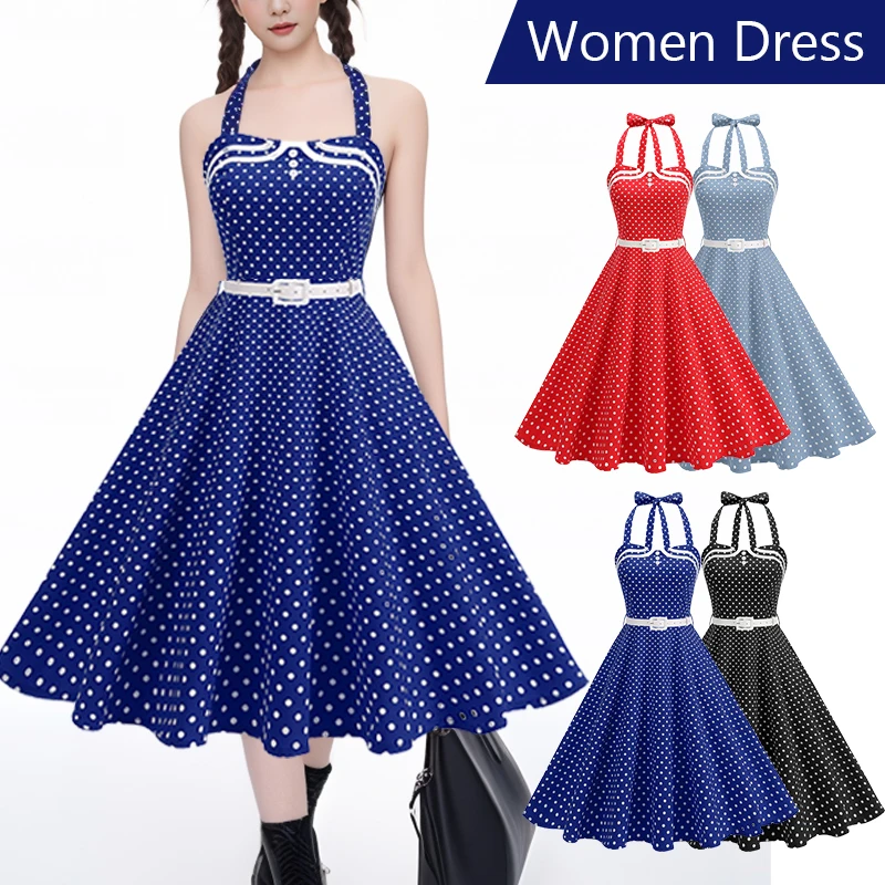 

Summer Women Vintage Polka Dot Dress Sexy Halter Backless Low Cut Party Cocktail Dress 50s 60s Retro Rockabilly Swing Dress