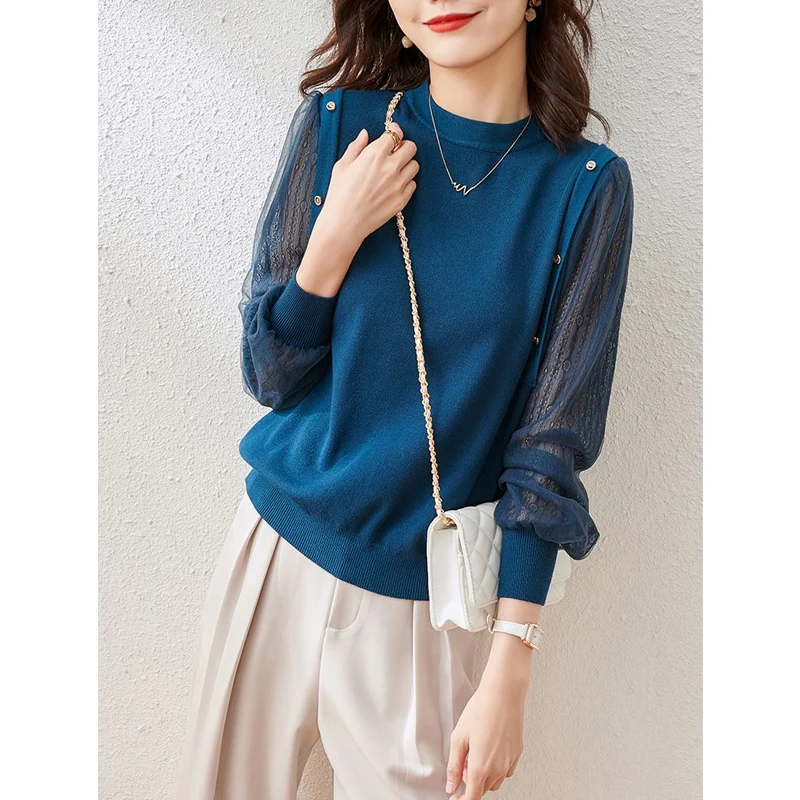 New Spring Elegant Chic Lace Mesh Patchwork Blouse Women Korean Fashion Casual Solid Long Sleeve Street Knitwear Female Clothing