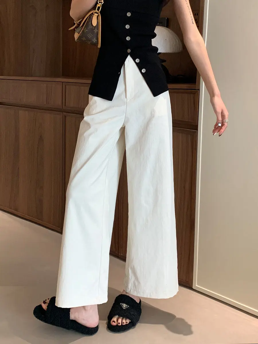 

White Wide Leg Straight Cut Trousers Women's Spring Summer 2026 Loose Comfortable Casual High Waist Workwear Pants