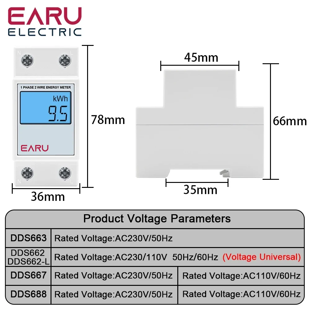 単相デジタルLCDエネルギーメーター,リセットゼロ,kwh,電圧,電流,消費,電気カウンター,電力計,220V,DINレール